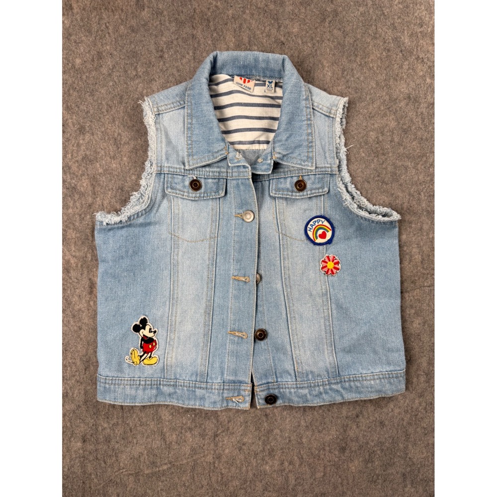Junk Food Disney Mickey Mouse Vest Kids XL Blue Denim Cotton Frayed Patches Y2K